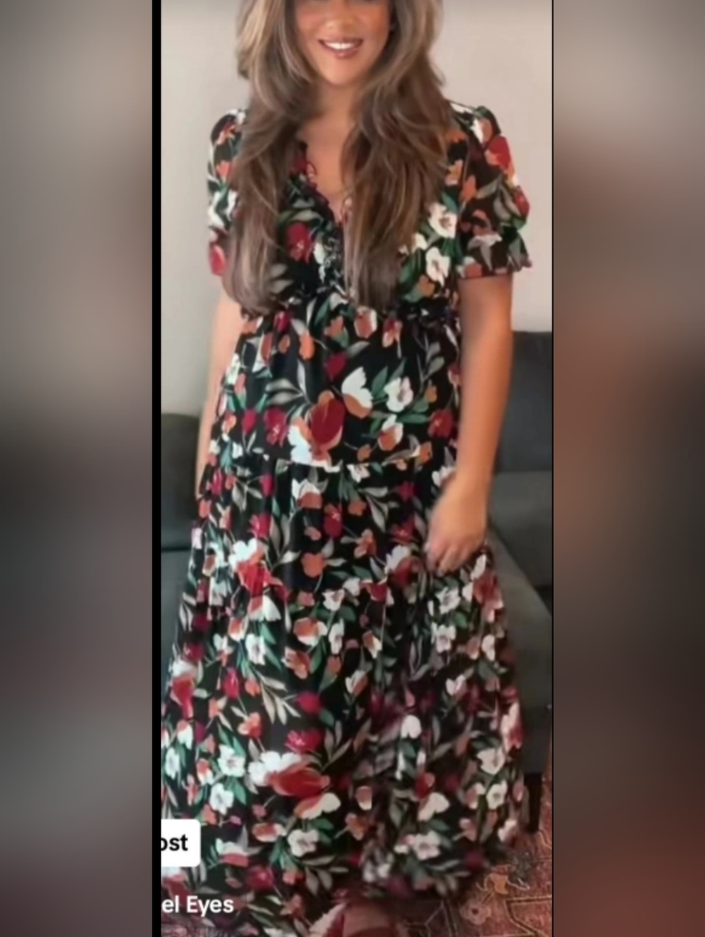 Girls Black Floral Tiered Dress with Red & Green Accents